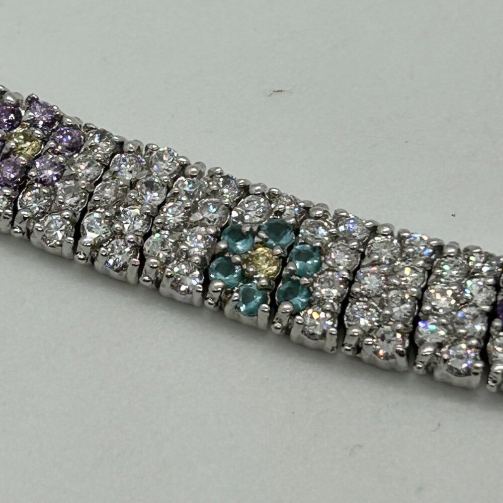 Vintage Rhinestone Tennis Bracelet Multicolor Flower Design W/ Safety Clasp 7.5" - Picture 12 of 16